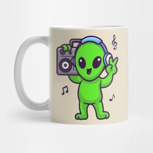 Cute Alien Listening Music With Boombox And Headphone Cartoon Mug